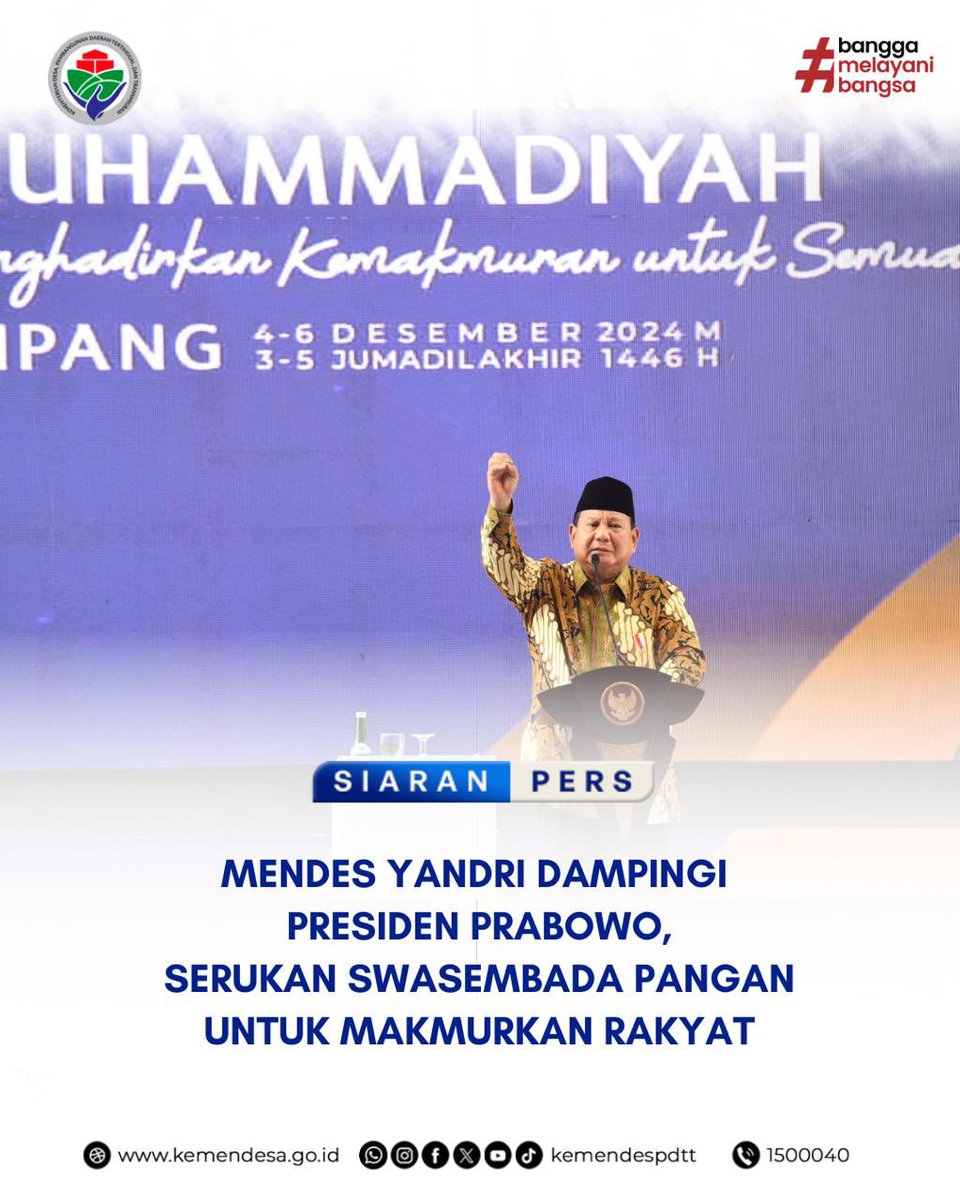 kemendespdt's tweet photo. Mendes Yandri mendampingi Presiden Prabowo Subianto dalam Milad ke-112 Muhammadiyah, menyerukan pentingnya swasembada pangan dan energi demi memakmurkan rakyat. https://t.co/gg4WqRYlzX