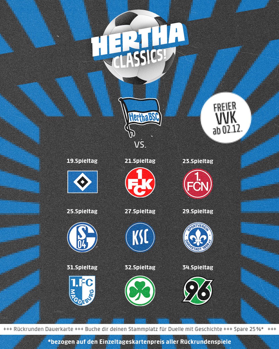 Der freie Verkauf unserer Rückrunden-Dauerkarte läuft noch bis heute Abend (23:59 Uhr)! ⏰ Wir freuen uns auf eure Unterstützung im <a href="/Oly_Berlin/">Olympiastadion Berlin</a>. 💙🤍 

herthab.sc/Tickets-RDK-X-… ⬅️

#HaHoHe