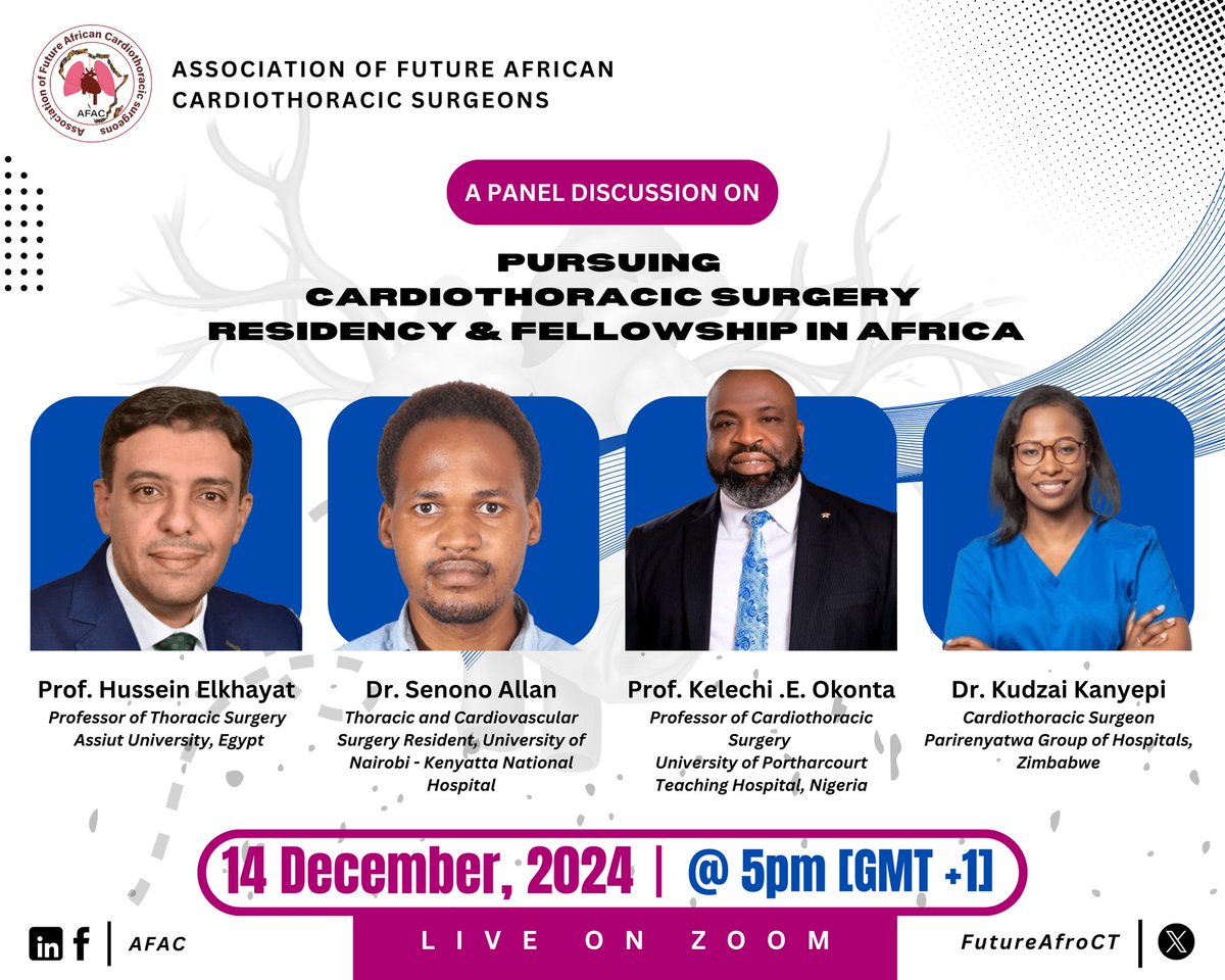 AFAC (@futureafroct) on Twitter photo Join our panel discussion on pursuing Cardiothoracic Surgery Residency & Fellowship in Africa!
Hear from experts in the field and gain insights into the pathways and opportunities
Zoom Link: us06web.zoom.us/meeting/regist…
Time: 5pm GMT+1 #CTsurgery #Africa #Residency #Fellowship" Join our panel discussion on pursuing Cardiothoracic Surgery Residency & Fellowship in Africa!
Hear from experts in the field and gain insights into the pathways and opportunities
Zoom Link: us06web.zoom.us/meeting/regist…
Time: 5pm GMT+1 #CTsurgery #Africa #Residency #Fellowship"
