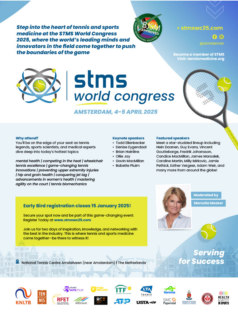 📢 Society for Tennis Medicine &amp; Science World Congress #EventAnnouncement

Driving the future of #Tennis medicine🎾#stmstennis
📍 Amsterdam
📆 4-5 April 2025
✅ BJSM Approved
Register now bit.ly/3Ok7mgj
<a href="/STMStennis/">Society for Tennis Medicine and Science</a> @knltbtennis