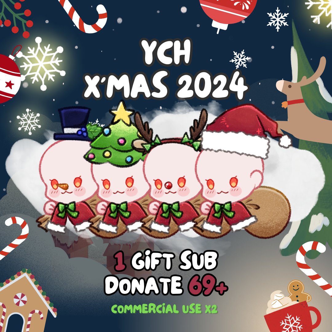 🎄🎅🏻 YCH x'mas 2024 by F4RC14 🦌☃️

ราคาต่อตัว Donate ขั้นต่ำ 69+ หรือ 1 Gift sub

ปลดเชิงพาณิชย์ (ทำเป็น PNGtuber จะวาด หลับตา เปิดปากให้ ค่ะ)

เปลี่ยนสี + 5
Custom + 10 (แค่ของประดับหัว / หน้า)

#F4Rอวดcms #commissionTH #Commission 

ปล. เราทำควบกับงาน  cursor รีบใช้แจ้งก่อนนะ