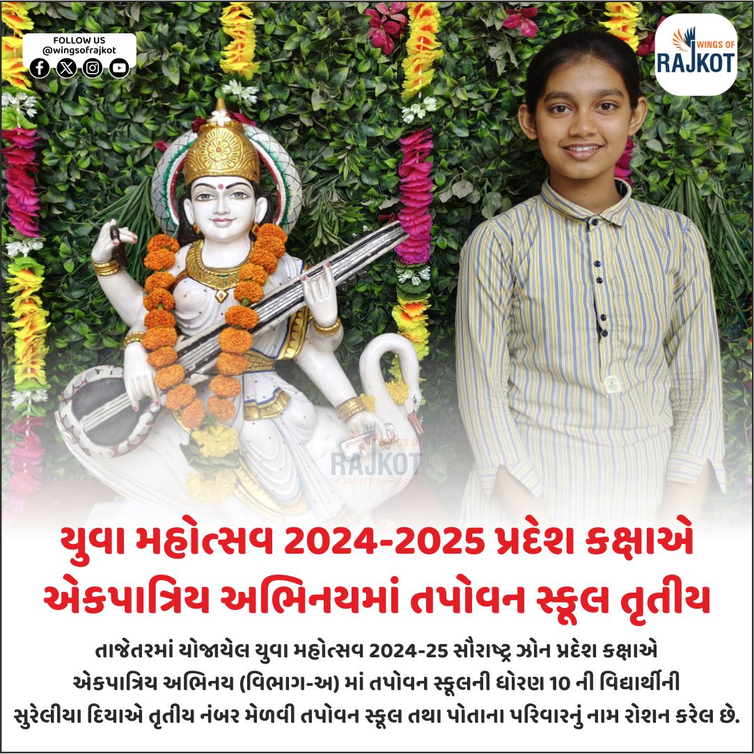 wingsofrajkot's tweet image. યુવા મહોત્સવ 2024-2025 પ્રદેશ કક્ષાએ 
એકપાત્રિય અભિનયમાં તપોવન સ્કૂલ તૃતીય

તાજેતરમાં યોજાયેલ યુવા મહોત્સવ 2024-25મા
એકપાત્રિય અભિનય (વિભાગ-અ) માં તપોવન સ્કૂલની ધોરણ 10 ની વિદ્યાર્થીની 
સુરેલીયા દિયાએ તૃતીય નંબર મેળવી તપોવન સ્કૂલ તથા પોતાના પરિવારનું નામ રોશન કરેલ છે.