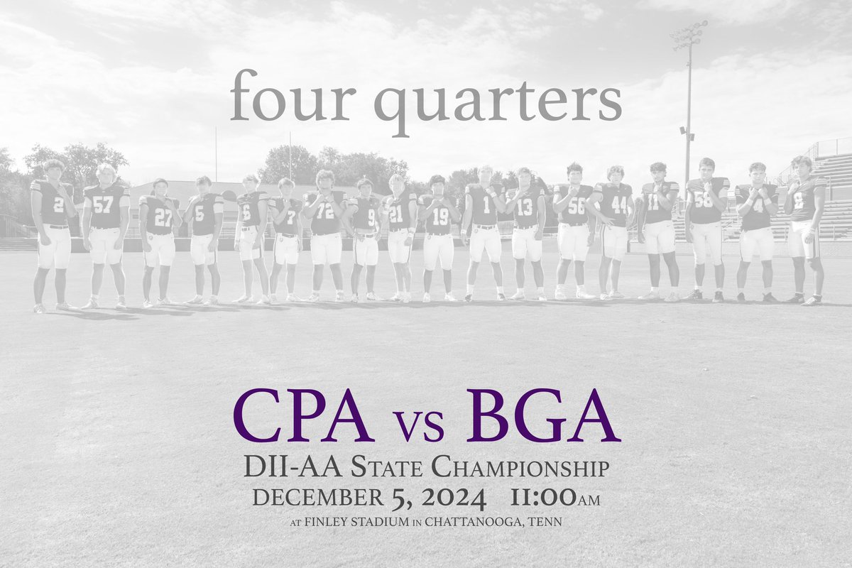 Today the 🏈 FOOTBALL Lions will play for a state championship in Chattanooga.

CPA vs BGA
Division II-AA State Championship
December 5, 2024 11:00 AM Eastern
Finley Stadium
Chattanooga, Tenn

<a href="/CPAFootball/">CPA Lions Football</a> 
<a href="/cpalions/">cpalions</a>