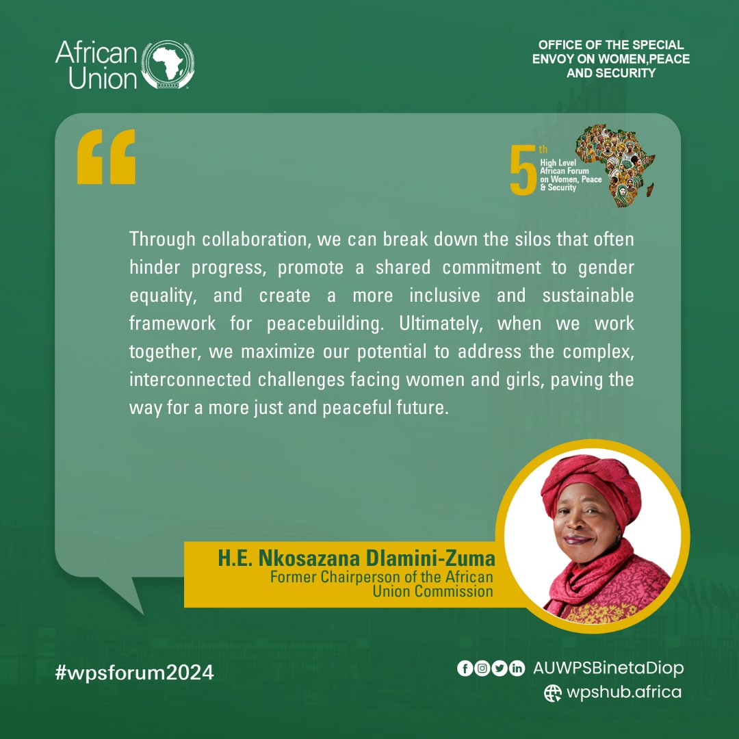 In her opening remarks, H.E. Nkosazana Dlamini-Zuma, Former Chairperson of #AUC urged strong support for women in decision-making. She highlighted the need for women's inclusion at both grassroots and governmental levels where critical decisions are made.
#WPSForum2024