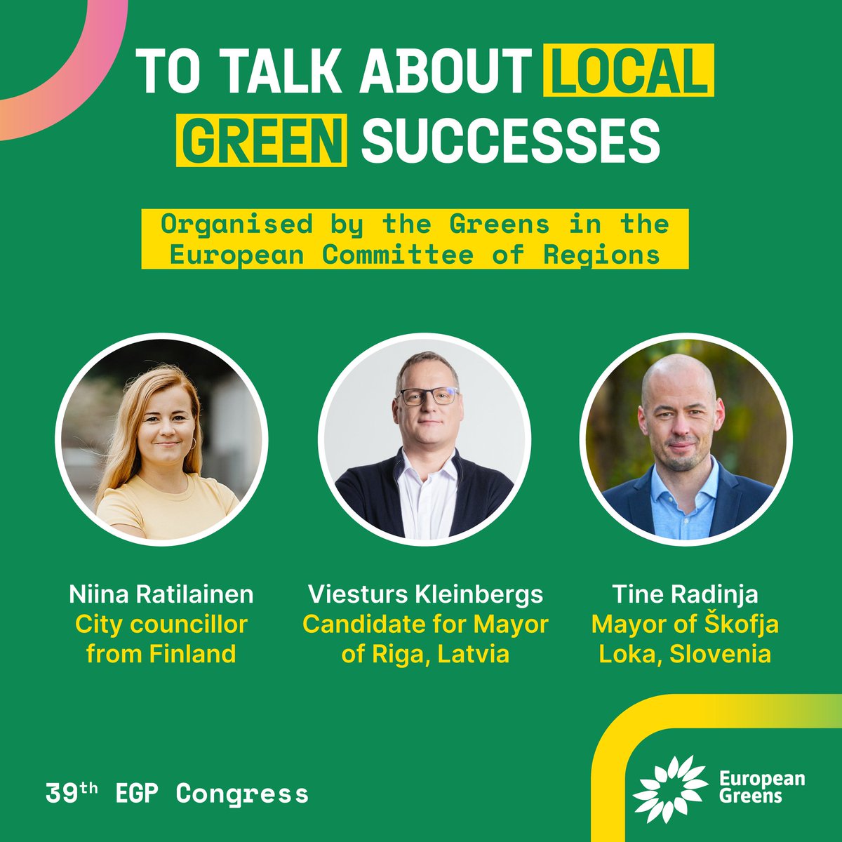 💚 We will have amazing speakers coming from various parts of Europe to share their experiences as local Greens:
🌻 <a href="/niinaratilainen/">Niina Ratilainen 🇪🇺🇺🇦</a>, Finnish city councillor
🌻 <a href="/radinja/">Tine Radinja</a>, mayor of Škofja Loka, Slovenia
🌻 <a href="/VKleinbergs/">Viesturs Kleinbergs</a>, candidate for Mayor of Riga

#EGPCongress2024