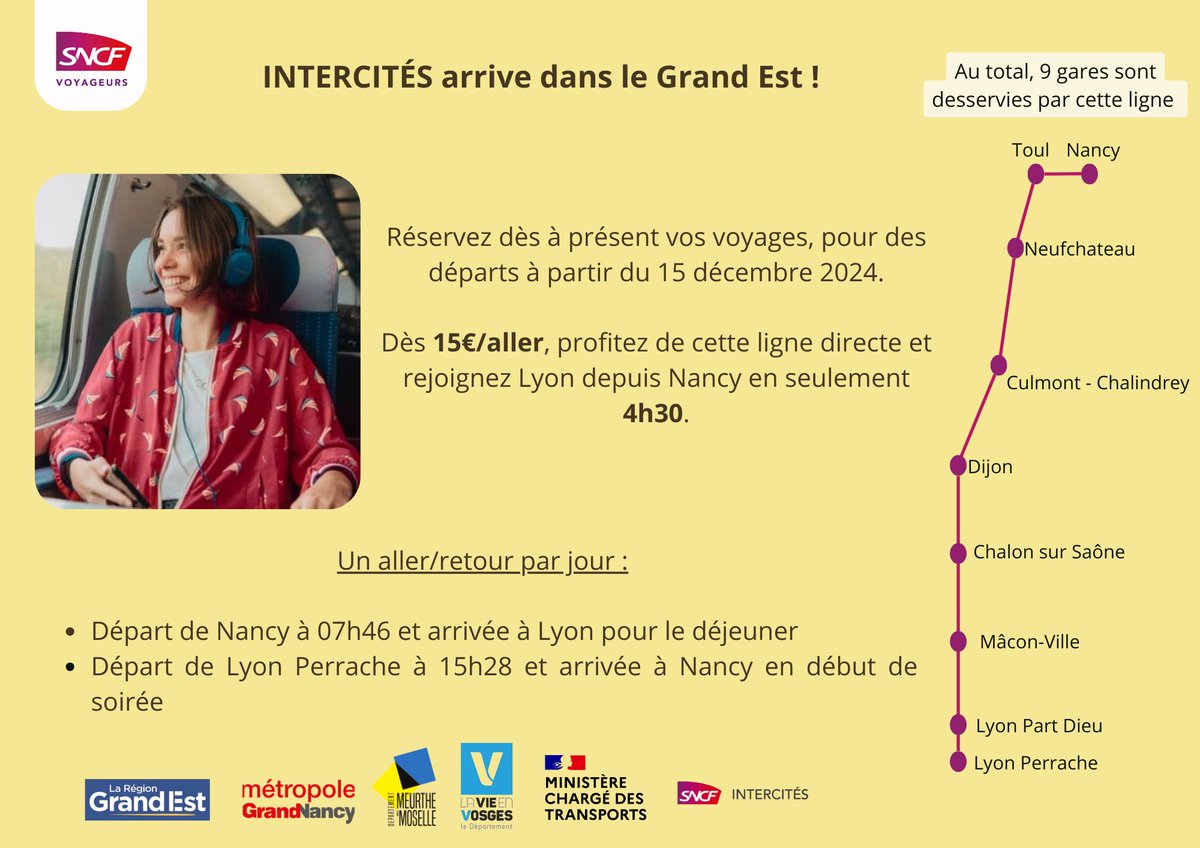 DamienCLAUDERSC's tweet photo. 🚆 Voyagez à petit prix avec l'Intercités Nancy-Lyon ! 🌟
🚅 À partir de 15€, profitez d'un trajet direct en 4h30 avec confort : sièges spacieux, prises, et plus !
📅 Réservez dès maintenant 👉 https://t.co/gu3PTB7Dko
#Intercités #NancyLyon #trains #BonPlan https://t.co/pDrqLoa99X