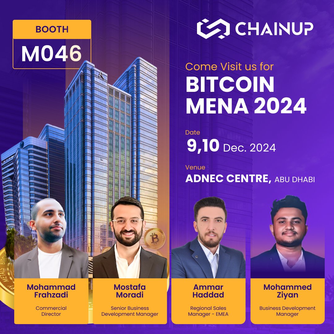ChainUp (@chainupofficial) on Twitter photo Meet us at The Bitcoin Mena Conference <a href="/bitcoinmenaconf/">Bitcoin MENA Conference</a> ! The global #Bitcoin community is coming to Abu Dhabi, December 9-10 at ADNEC Centre. Visit our team at booth M046 to explore our innovative & comprehensive compliant #blockchain solutions for the #Crypto industry.
We Meet us at The Bitcoin Mena Conference <a href="/bitcoinmenaconf/">Bitcoin MENA Conference</a> ! The global #Bitcoin community is coming to Abu Dhabi, December 9-10 at ADNEC Centre. Visit our team at booth M046 to explore our innovative & comprehensive compliant #blockchain solutions for the #Crypto industry.
We