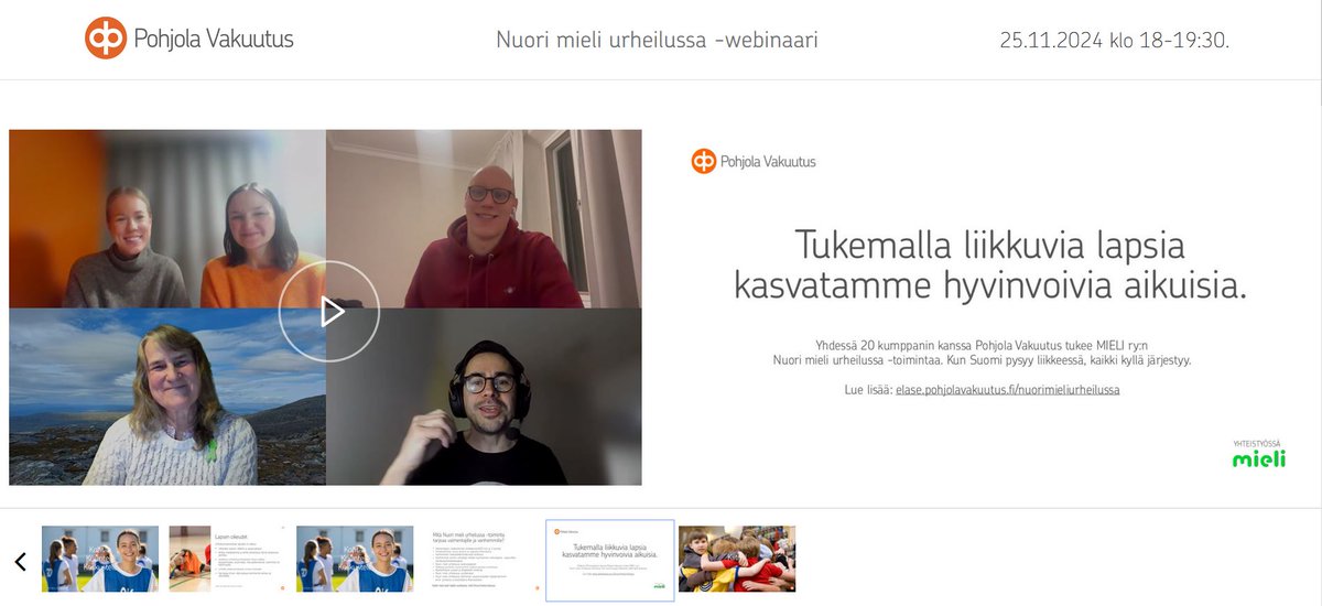 Katri Lilja (@katri_lilja) on Twitter photo Vanhemmille suunnatun #nuorimieliurheilussa -webinaarin tallenne on katsottavissa op.videosync.fi/nuori-mieli-25…
Kuvakaappauksen teksti "Tukemalla liikkuvia lapsia kasvatamme hyvinvoisia aikuisia" on niin totta!
Kiitos yhteistyöstä ja toteutuksesta Pohjola Vakuutus.
<a href="/mielenterveys/">MIELI Suomen Mielenterveys ry</a> Vanhemmille suunnatun #nuorimieliurheilussa -webinaarin tallenne on katsottavissa op.videosync.fi/nuori-mieli-25…
Kuvakaappauksen teksti "Tukemalla liikkuvia lapsia kasvatamme hyvinvoisia aikuisia" on niin totta!
Kiitos yhteistyöstä ja toteutuksesta Pohjola Vakuutus.
<a href="/mielenterveys/">MIELI Suomen Mielenterveys ry</a>