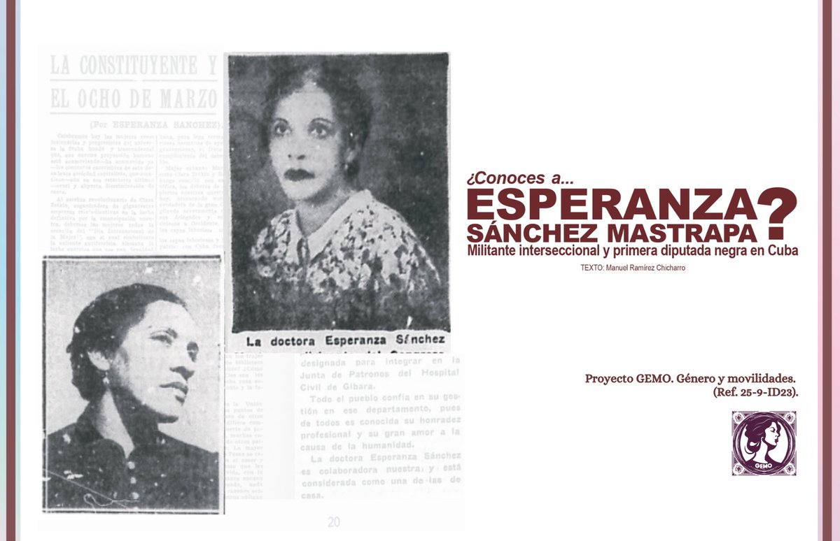 Proyecto GEMO. Género y movilidades. (@proyectogemo) on Twitter photo ¿Conoces a la Dra. Esperanza Sánchez Gómez Mastrapa?🤔
En el Fanzine Nº 1 de <a href="/proyectogemo/">Proyecto GEMO. Género y movilidades.</a> encontrarás un artículo de la autoría de <a href="/ChicharroMR/">Manuel Ramírez Chicharro</a> sobre la primera diputada negra en la historia de #Cuba
💫Descubre esta interesante historia en la Web ↘️proyectogemo.es/fanzine-gemo/ ¿Conoces a la Dra. Esperanza Sánchez Gómez Mastrapa?🤔
En el Fanzine Nº 1 de <a href="/proyectogemo/">Proyecto GEMO. Género y movilidades.</a> encontrarás un artículo de la autoría de <a href="/ChicharroMR/">Manuel Ramírez Chicharro</a> sobre la primera diputada negra en la historia de #Cuba
💫Descubre esta interesante historia en la Web ↘️proyectogemo.es/fanzine-gemo/