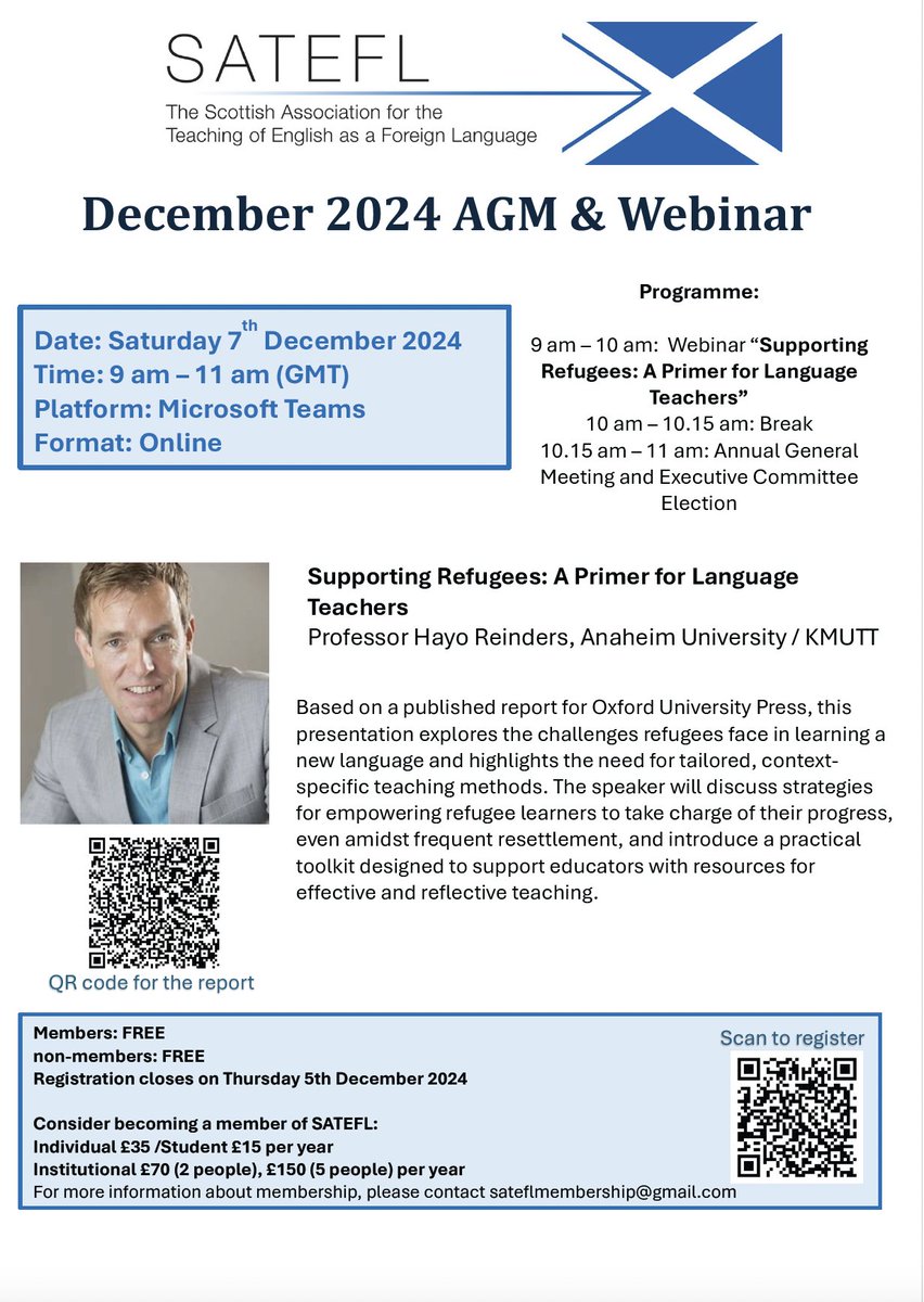 IELLI - St Andrews (@sta_iei) on Twitter photo Join <a href="/SATEFL/">SATEFL Scotland</a> <a href="/sinwangchong/">Sin-Wang Chong</a> for their final event this year, a webinar with Professor <a href="/hayoreinders/">Hayo Reinders</a> on "Supporting Refugees: A Primer for Language Teachers".
This event will be free for all to attend; register by 5 Dec: forms.gle/MmiPoTQnadHxn5โฆ Join <a href="/SATEFL/">SATEFL Scotland</a> <a href="/sinwangchong/">Sin-Wang Chong</a> for their final event this year, a webinar with Professor <a href="/hayoreinders/">Hayo Reinders</a> on "Supporting Refugees: A Primer for Language Teachers".
This event will be free for all to attend; register by 5 Dec: forms.gle/MmiPoTQnadHxn5โฆ