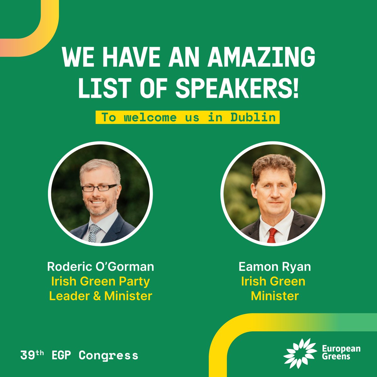 European Greens (@europeangreens) on Twitter photo 💚 Our congress is taking place in Dublin this year & our amazing hosts from <a href="/greenparty_ie/">Green Party Ireland</a> will welcome us with engaging speeches & keynotes from:
🌻 <a href="/rodericogorman/">Roderic O’Gorman TD</a>, Irish Green Party Leader & Minister
🌻 <a href="/EamonRyan/">Eamon Ryan</a>, Irish Green Minister
#EGPCongress2024 💚 Our congress is taking place in Dublin this year & our amazing hosts from <a href="/greenparty_ie/">Green Party Ireland</a> will welcome us with engaging speeches & keynotes from:
🌻 <a href="/rodericogorman/">Roderic O’Gorman TD</a>, Irish Green Party Leader & Minister
🌻 <a href="/EamonRyan/">Eamon Ryan</a>, Irish Green Minister
#EGPCongress2024