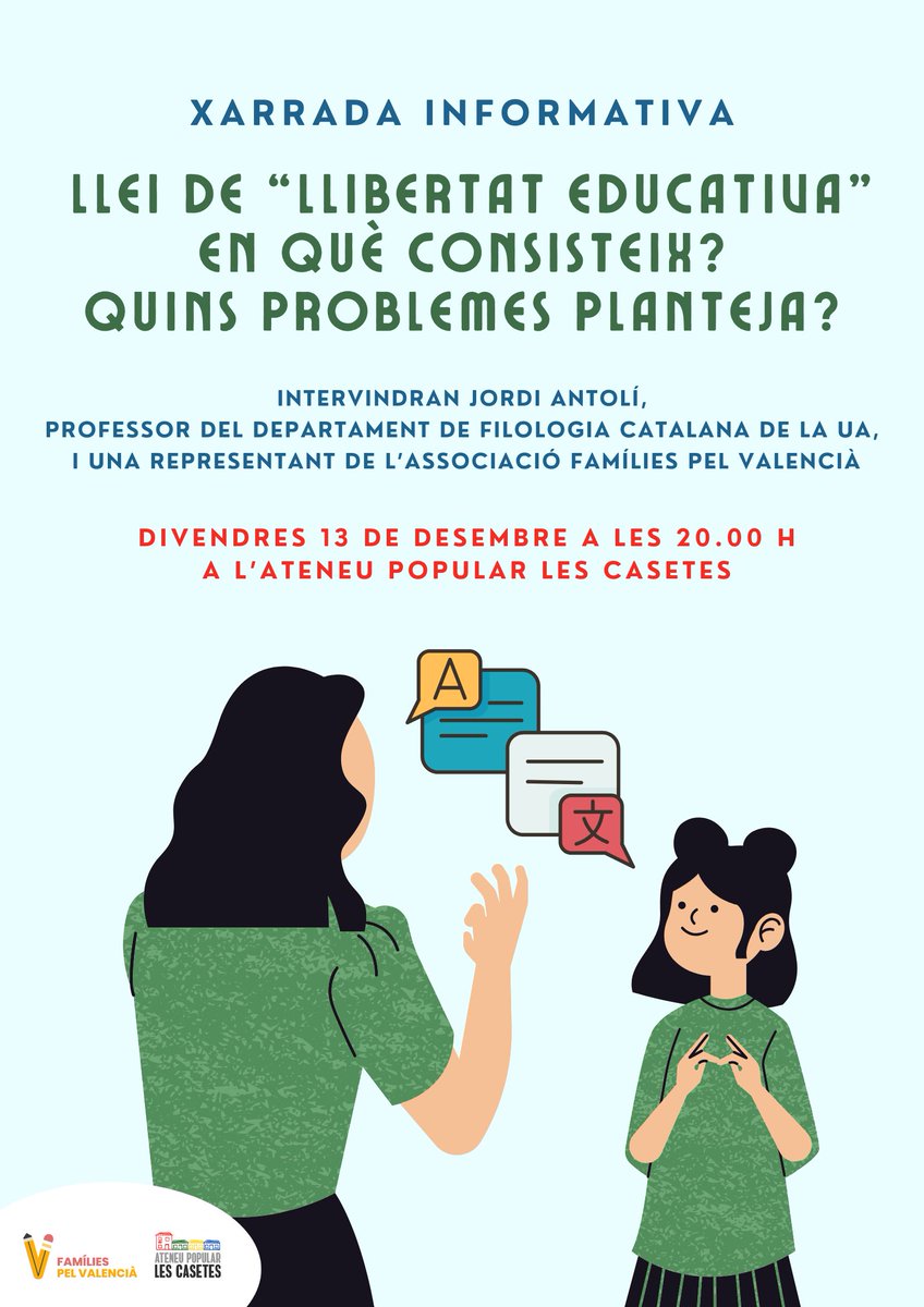 🗓️ El divendres 13 de desembre a les 20 hores estarem a l'Ateneu per a tractar dubtes i inquietuds entorn de la llei de "llibertat educativa" i la consulta que vol fer la Conselleria pròximament.

Us hi esperem! #MarcaSíAlValencià