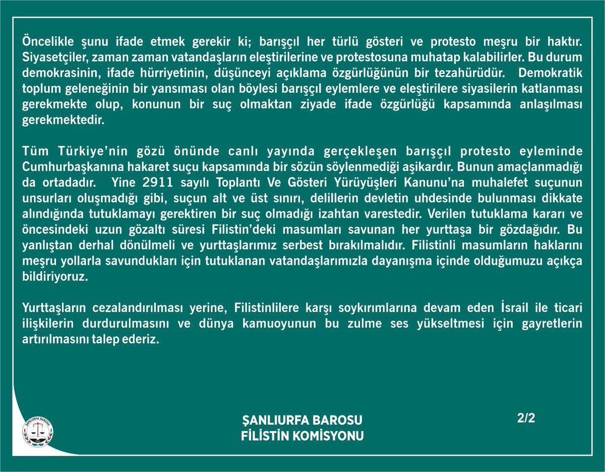 Filistin halkının uğradığı zulme karşı ses çıkaranları tutuklamak yalnızca işgalcileri sevindirir.
#palestine #urfabarosu #urfabarosufilistinaraştırmakomisyonu