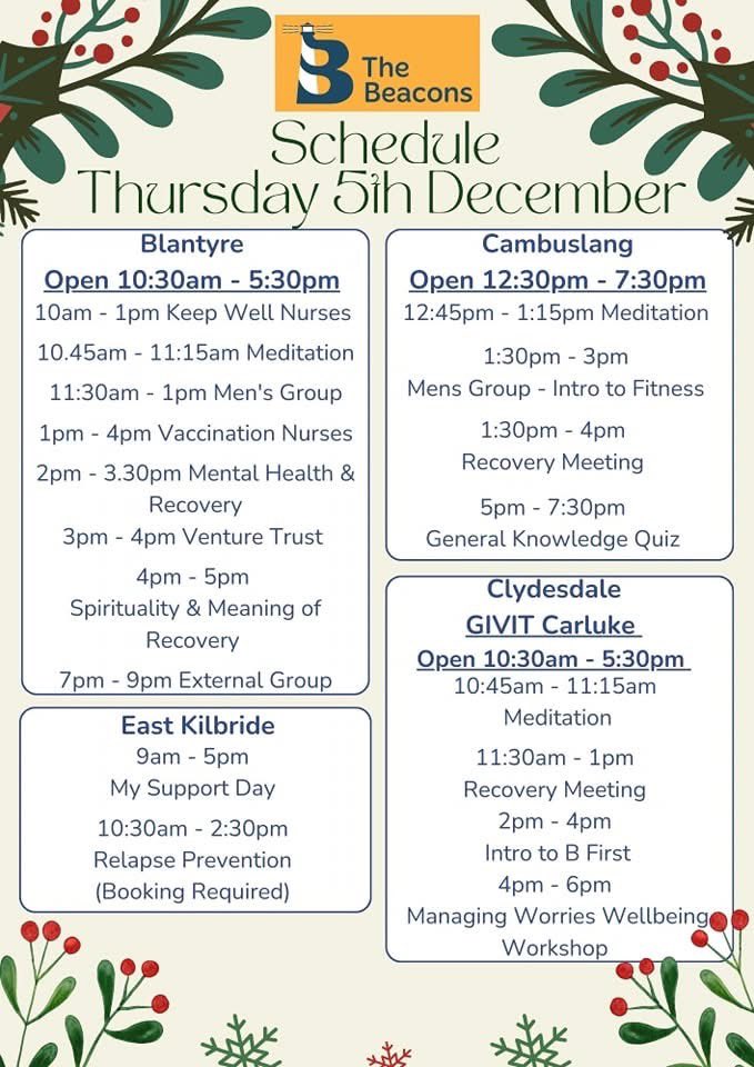 South Lanarkshire Beacons (@southbeacons) on Twitter photo What’s on today at The Beacons ⬇️ why not pop along to one of the Beacons. Everyone welcome #wedorecover #recovery <a href="/Liber8888/">Liber8</a> <a href="/SouthLanADP/">South Lanarkshire ADP</a> <a href="/turningpointsco/">Turning Point Scotland</a> <a href="/SacroLanarkshir/">Sacro Lanarkshire</a> <a href="/TheGIVIT/">The GIVIT</a> <a href="/MySupportDay1/">My Support Day</a> What’s on today at The Beacons ⬇️ why not pop along to one of the Beacons. Everyone welcome #wedorecover #recovery <a href="/Liber8888/">Liber8</a> <a href="/SouthLanADP/">South Lanarkshire ADP</a> <a href="/turningpointsco/">Turning Point Scotland</a> <a href="/SacroLanarkshir/">Sacro Lanarkshire</a> <a href="/TheGIVIT/">The GIVIT</a> <a href="/MySupportDay1/">My Support Day</a>