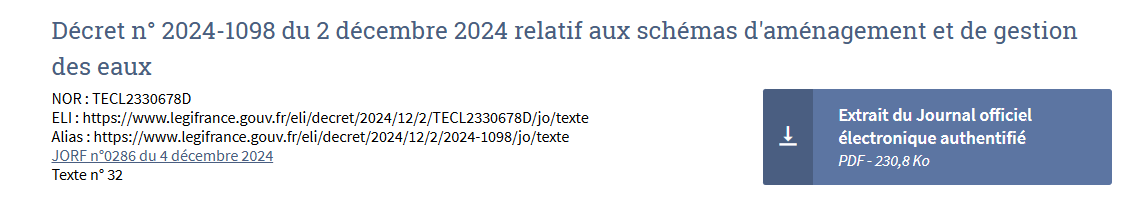 #règlementation | publication au JO du décret n° 2024-1098 du 2 décembre 2024 relatif aux schémas d'aménagement et de gestion des eaux - legifrance.gouv.fr/jorf/id/JORFTE…