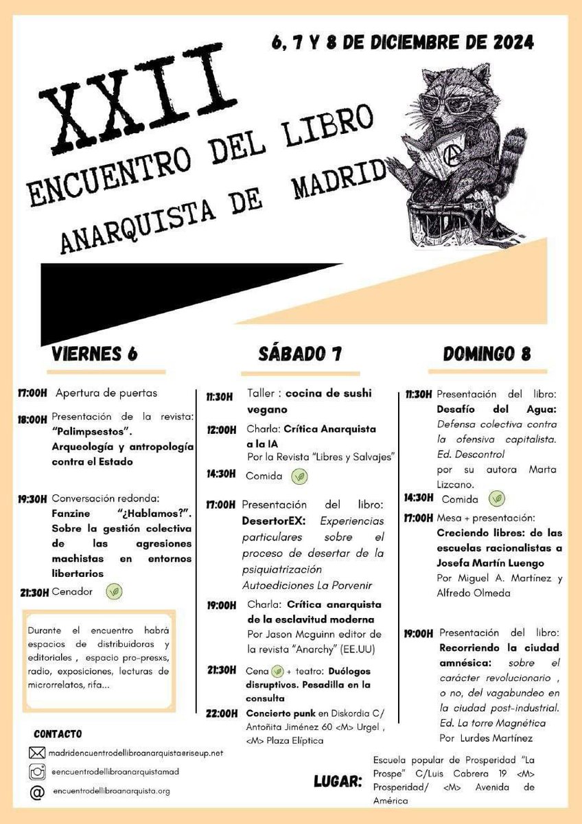 amores_g's tweet photo. XXII Encuentro del libro anarquista de #Madrid 🦝
6, 7 y 8 de diciembre en #LaProspe. https://t.co/nB2PBfVAU3