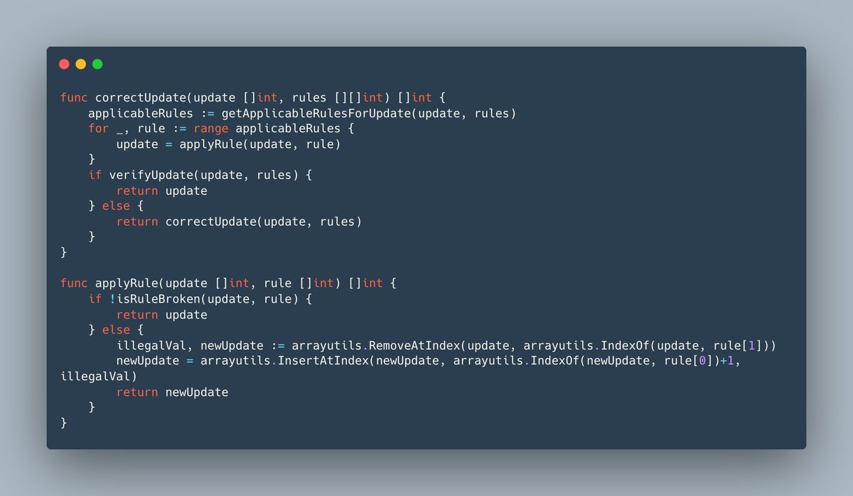 jnchaba's tweet photo. I've completed "Print Queue" - Day 5 - Advent of Code 2024 https://t.co/KjKM4JIEbm #AdventOfCode 
#Go
Recursion and implementing functions I'm used to being in the standard library. This was fun!
https://t.co/rhanlDvdUY https://t.co/rOraklB7x7