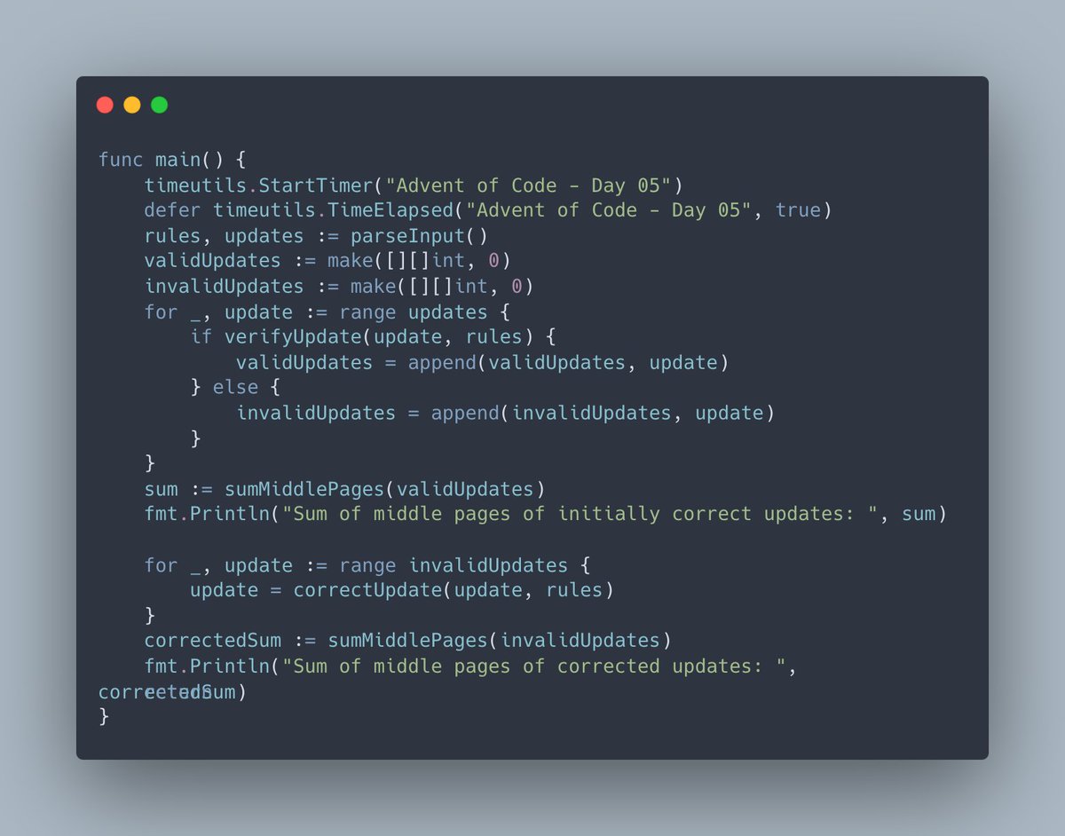 jnchaba's tweet photo. I've completed "Print Queue" - Day 5 - Advent of Code 2024 https://t.co/KjKM4JIEbm #AdventOfCode 
#Go
Recursion and implementing functions I'm used to being in the standard library. This was fun!
https://t.co/rhanlDvdUY https://t.co/rOraklB7x7