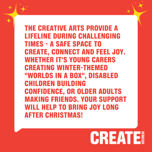 createcharity's tweet image. 🎨 This Christmas, give the gift of creativity!

Head to our website to find out more about what your gift could be used for, and support creativity for all this Christmas ✨

👉 createarts.org.uk/give-creativit…

#CreativityForAll #PeopleNeedToCreate