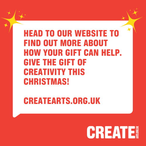 createcharity's tweet image. 🎨 This Christmas, give the gift of creativity!

Head to our website to find out more about what your gift could be used for, and support creativity for all this Christmas ✨

👉 createarts.org.uk/give-creativit…

#CreativityForAll #PeopleNeedToCreate