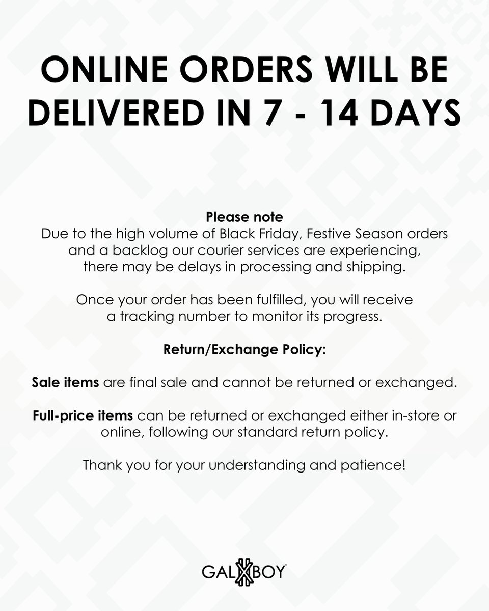 📢 BLACK FRIDAY &amp; FESTIVE SHIPPING INFO. 📢

Thank you for shopping at GALXBOY.

Due to high order volumes and a backlog at our courier services, shipping times will be slightly extended. 

We appreciate your understanding.  

SMART | AFRICAN | AMBITIOUS