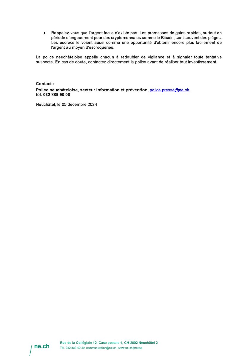 polneuch's tweet image. ⚠️Vigilance face à la fraude à l’investissement
Les fraudes à l’investissement ont causé un préjudice avoisinant les 3 millions de francs dans le canton de Neuchâtel en 2024. Face à ces escroqueries en hausse, la police appelle à la prudence.