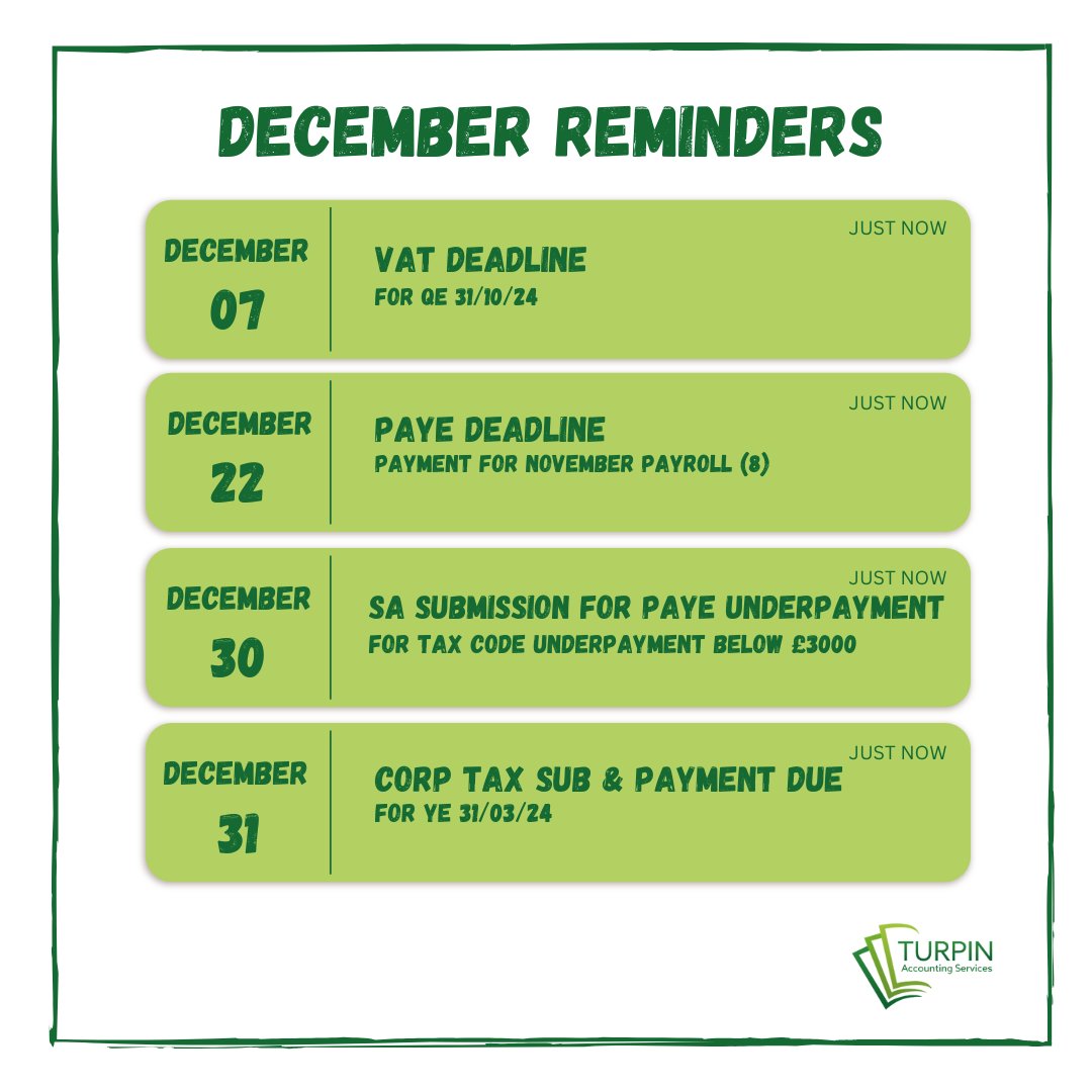 📆✨ December Reminders✨📊

Whether you're a business owner, accountant, or financial professional, mark your calendars for these key dates.

Stay proactive and organised to achieve your financial goals this December!

#Accounting #FinancialPlanning #DecemberReminders 💼📊