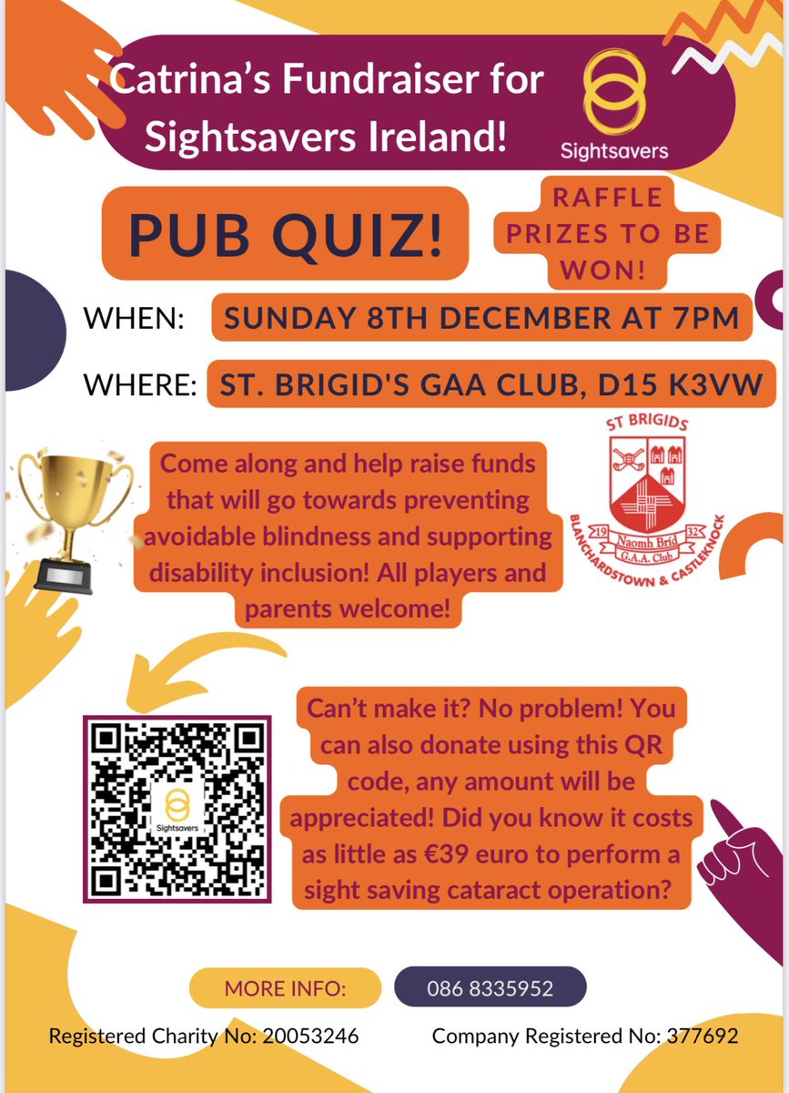 StBrigidsGAA's tweet photo. 🟥 SUNDAY 8th DEC 
🟥Pub Quiz
🟥7pm Sharp 
🟥in aid of Sightsavers
🟥Raffle Prizes Galore 🍾🍬

Hope to see you there🎁🤶

https://t.co/XwHwGvEd8c https://t.co/6kPXtWDcN9