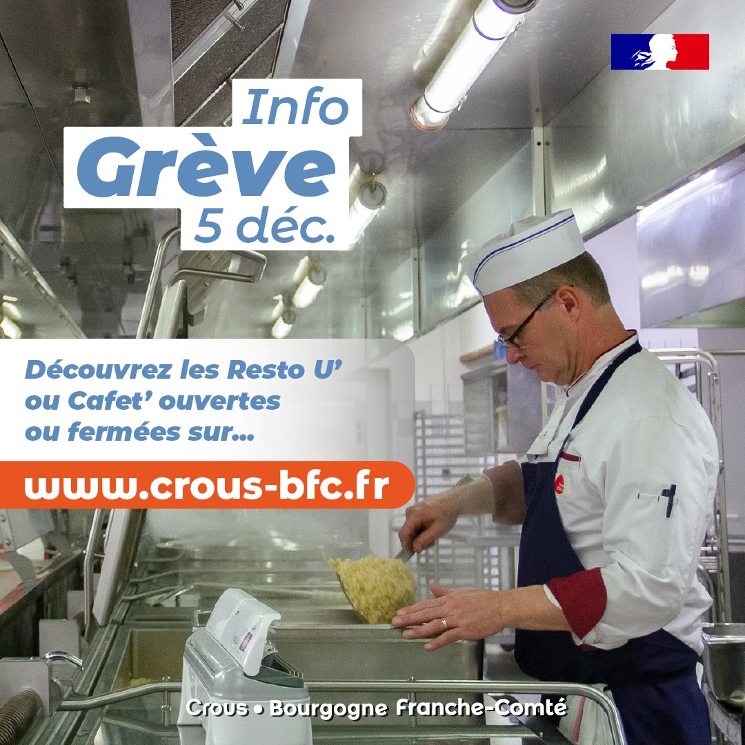 🚨 #greve5decembre
 
Perturbations en cours dans les services de restauration du Crous Bourgogne-Franche-Comté. 🍴 Certains Resto U' ou Cafet' pourraient être fermés aujourd'hui.

📌 Suivez la situation en ligne avant de vous déplacer 👉crous-bfc.fr/2024/12/05/gre…

#Étudiants #Crous
