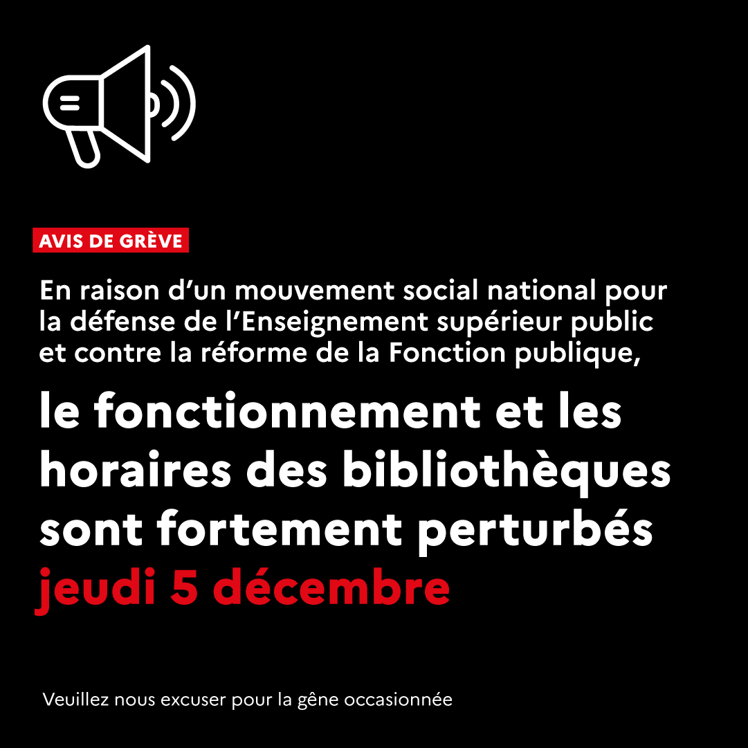 Bibliothèque universitaire de l'URCA (@bureims) on Twitter photo Avis de grève : les bibliothèques <a href="/universitereims/">Université de Reims Champagne-Ardenne</a> sont fortement perturbées le jeudi 5/12 (détails sur univ-reims.fr/bu/accueil/avi…). Merci de votre compréhension
🔴 Les #burobertdesorbon, #busantereims, #bumoulindelahousse et #buchaumont sont fermées toute la journée Avis de grève : les bibliothèques <a href="/universitereims/">Université de Reims Champagne-Ardenne</a> sont fortement perturbées le jeudi 5/12 (détails sur univ-reims.fr/bu/accueil/avi…). Merci de votre compréhension
🔴 Les #burobertdesorbon, #busantereims, #bumoulindelahousse et #buchaumont sont fermées toute la journée
