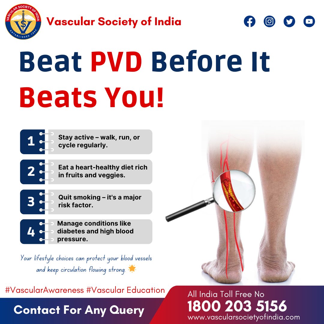 Vascular_India's tweet photo. "Don’t let Peripheral Vascular Disease slow you down! 🚶♀️ Stay active, stay healthy—beat PVD now! 🫀"
.
.
#BeatPVD #PeripheralVascularDisease #VascularHealth #HealthyLiving #CirculationMatters #PVDawareness #HeartAndVessels #MedicalInsights #StayActive #VascularCare https://t.co/81sZtaTCF9