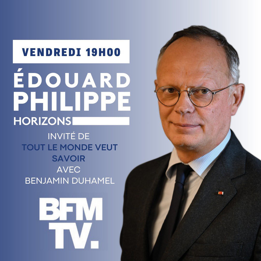 Horizons (@horizonsleparti) on Twitter photo 📅 Face à la situation politique inédite que traverse notre pays, <a href="/EPhilippe_LH/">Edouard Philippe</a> s'exprimera demain sur <a href="/BFMTV/">BFMTV</a> et répondra aux questions de <a href="/Ben_Duhamel/">Benjamin Duhamel</a>.
⏰ À partir de 19h
Pour suivre le direct ➡️ bfmtv.com/en-direct/
#Horizons 📅 Face à la situation politique inédite que traverse notre pays, <a href="/EPhilippe_LH/">Edouard Philippe</a> s'exprimera demain sur <a href="/BFMTV/">BFMTV</a> et répondra aux questions de <a href="/Ben_Duhamel/">Benjamin Duhamel</a>.
⏰ À partir de 19h
Pour suivre le direct ➡️ bfmtv.com/en-direct/
#Horizons