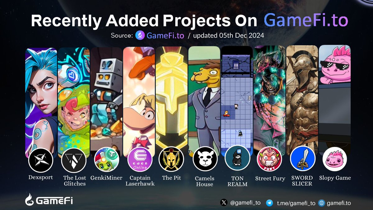 RECENTLY ADDED PROJECTS ON GAMEFI.TO🔥

<a href="/Dexsport_io/">Dexsport</a>
<a href="/TheLostGlitches/">The Lost Glitches</a>
@GenkiMiner_Team
<a href="/EdenOnline_exe/">Captain Laserhawk Universe 🦅</a>
<a href="/ThePitGame/">The Pit</a>
@CamelsX
@Ton_Realm
<a href="/StreetFuryGame/">Street Fury</a>
<a href="/Sword_Base/">SWORD</a>
<a href="/Slopymeme/">Slopy</a>

#GameFi #NFTGaming #P2E #Web3Gaming 

Visit here to discover more:
gamefi.to/new