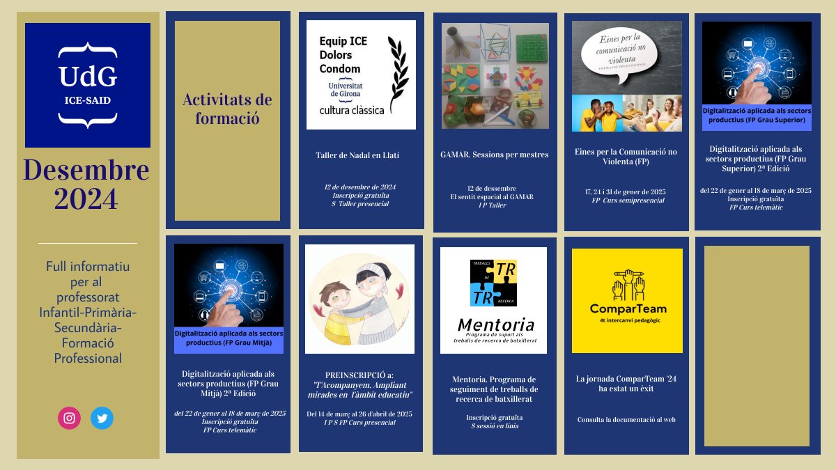 Ja pots consultar les formacions d'hivern al butlletí del mes de desembre. Hi trobaràs activitats per docents d'educació infantil, primària, secundària i formació professional. Ho pots veure al següent enllaç: view.genially.com/672b504116c871…