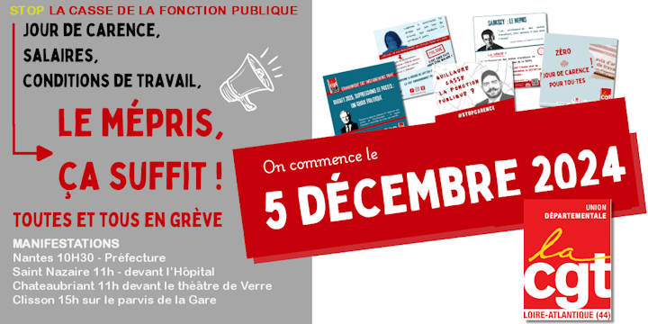 Mobilisation #FonctionPublique  #5Décembre !

Manifestations
-#Nantes 10H30 Préfecture
-#StNazaire 11h devant l’Hôpital
-#Chateaubriant 11h devant le théâtre de Verre
-#Clisson 15h parvis de la Gare

#Cgt #Cgt44