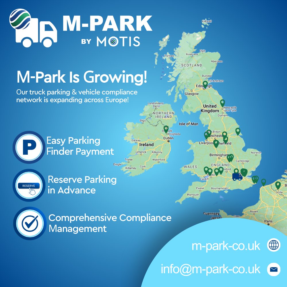 🚛 M-PARK is growing! Our truck parking and vehicle compliance network is rapidly expanding across Europe! 🌍
Register today and experience the future of truck parking!
Learn more at m-park.co.uk. 
#MPARK #TruckParking #VehicleCompliance  #Logistics