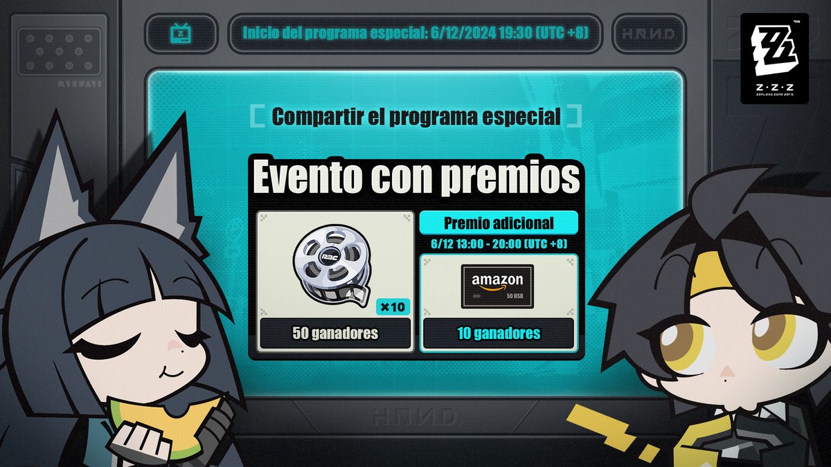 ZZZ_ES's tweet image. 🎁 #zzzProgramaEspecial - ¡Comparte y gana Cinta original ×10!

Querido/a proxy, ¡el programa especial de la versión 1.4 de Zenless Zone Zero se emitirá el 6 de diciembre a las 19:30 (UTC +8)!

Canales de directos:
Twitch: twitch.tv/zenlesszonezero
YouTube: youtube.com/@ZZZ_Official…