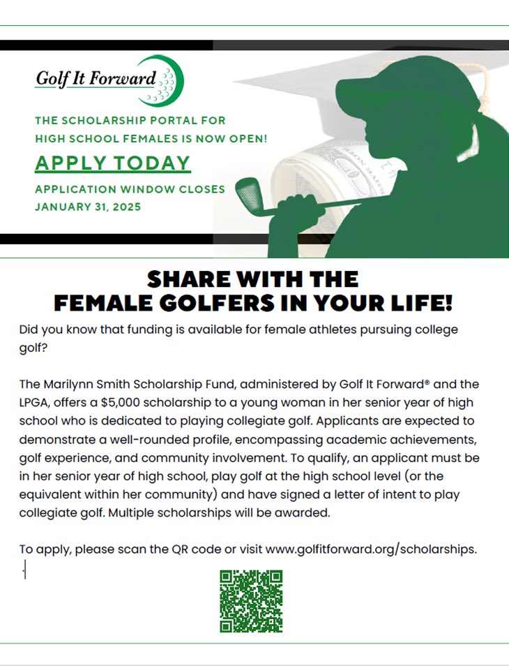 The Marilynn Smith Scholarship Fund, administered by Golf It Forward and the LPGA, offers a $5,000 scholarship to a young woman in her senior year of high school dedicated to playing collegiate golf.

#WomenInTheGolfIndustry #GolfIndustry #WomenInGolf #GolfMembership #WIGI