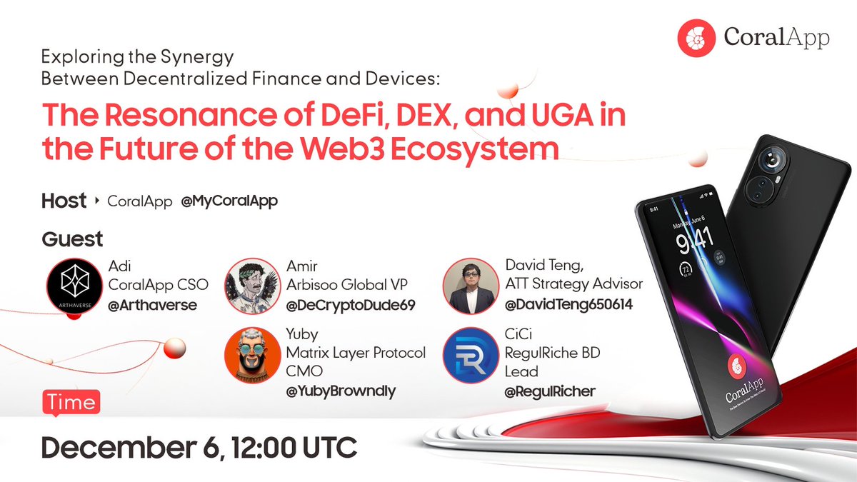 MyCoralApp's tweet image. 💫Mark your calendars! 
Join us for the AMA happening on December 6th at 12PM UTC

🎙Topic: Exploring the Synergy Between Decentralized Finance and Devices: The Resonance of DeFi, DEX, and UGA in the Future of the Web3 Ecosystem 

📍x.com/i/spaces/1vOxw…

🚀Guests: 👤…