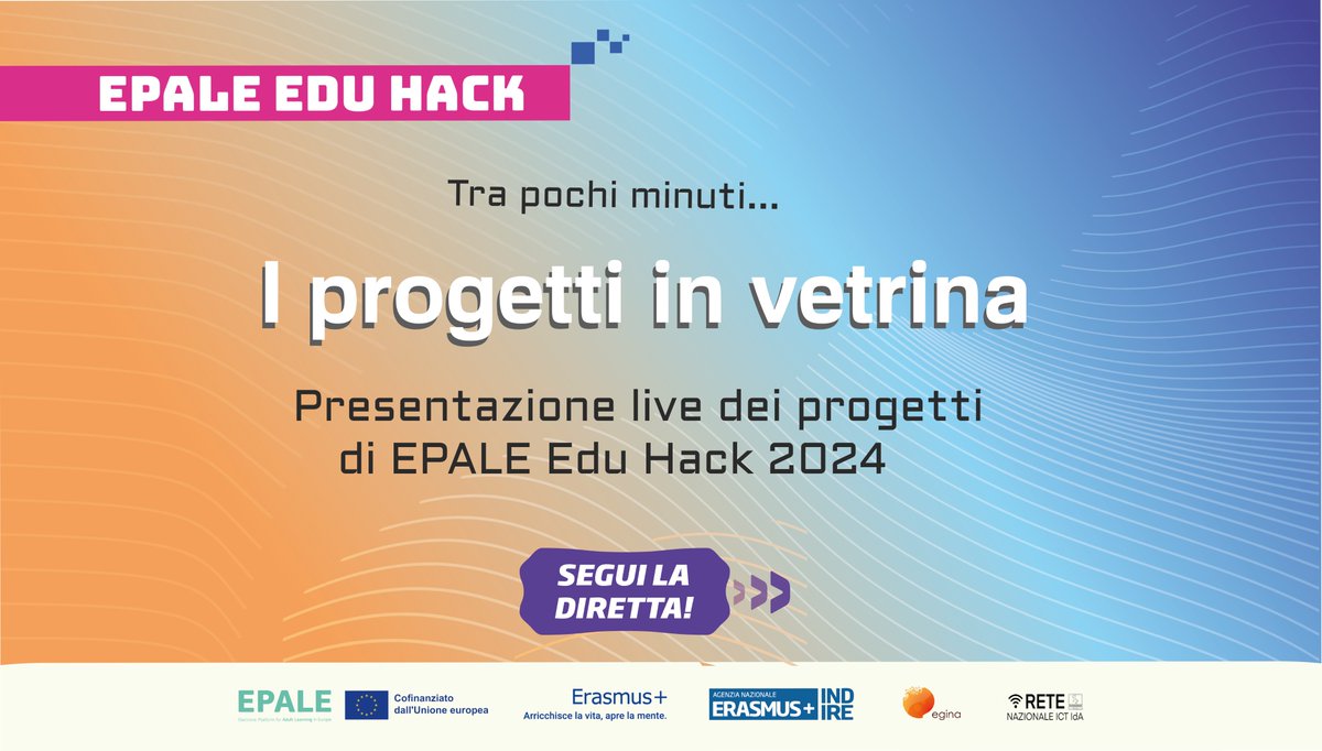 Oggi è in corso la presentazione dei 12 progetti in gara a #EpaleEduHack 2024.
🔴Segui la diretta streaming
facebook.com/EPALEItalia 
<a href="/ErasmusPlusInd/">Erasmus+ INDIRE</a> <a href="/IndireSocial/">INDIRE</a>