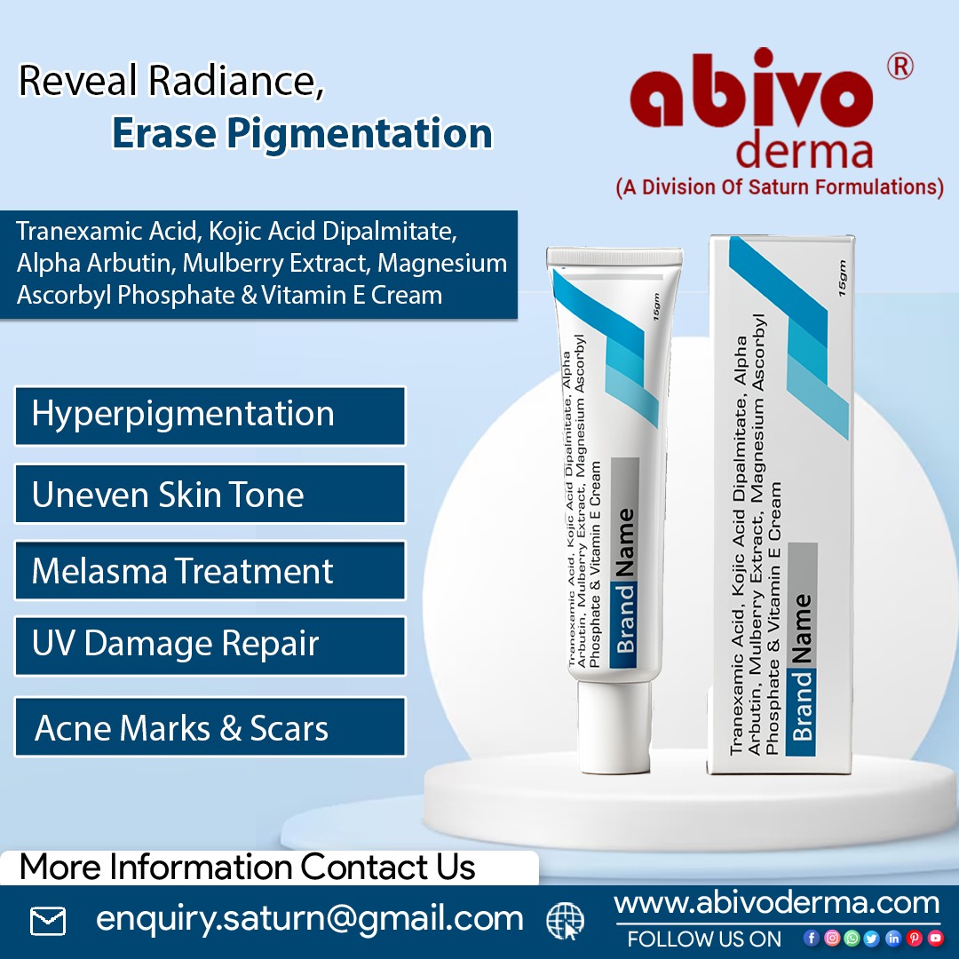 SaturnFormulat5's tweet image. #TranexamicAcidKojicAcidArbutinMagnesiumVitaminEMulberryextractCream #AbivoDerma division of #SaturnFormulations! 
✅Fading Dark spots &amp;amp; Pigmentation 
✅Brightening &amp;amp; evening Skin Tone 
Available in #DermaPCDFranchise &amp;amp; #ThirdPartyManufacturing! 
🌐saturnformulations.in/tranexamic-aci…