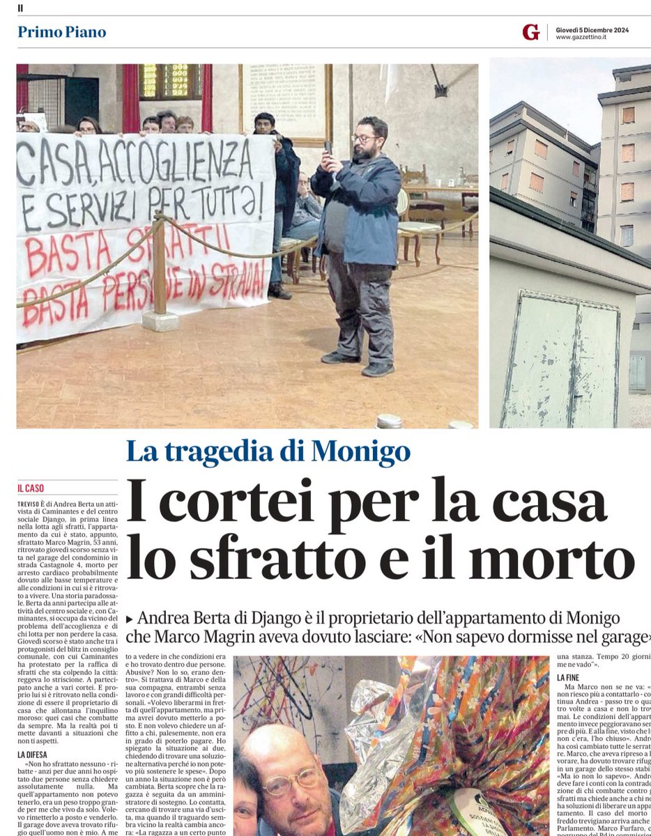 fratotolo2's tweet photo. Treviso, il 53enne Marco Magrin è morto dal freddo in un garage dopo essere stato sfrattato da Andrea Berta del centro sociale Django, lo stesso che manifestava per il diritto alla casa.

Chi “ha lasciato” solo Marco, @marcofurfaro? https://t.co/4TKpMJr0aW