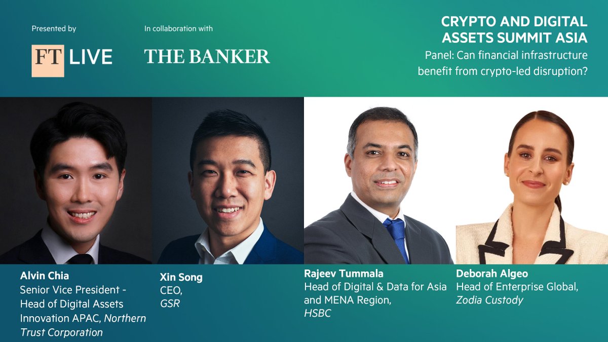 ftlive's tweet photo. Exploring whether financial infrastructure can benefit from crypto-led disruption: Alvin Chia (@NorthernTrust), Xin Song (@GSR_io), Rajeev Tummala (@HSBC), and Deborah Algeo (@ZodiaCustody) join @staffordphili of @FT for a deep dive.
#FTCrypto https://t.co/k15aOMVdUk