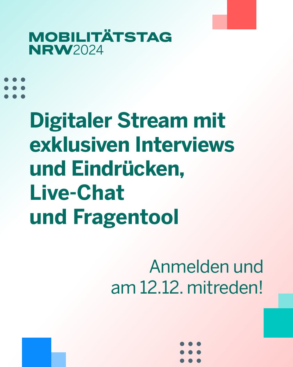 🔜 Noch eine Woche bis zum #MobilitätstagNRW <a href="/VerkehrNRW/">Mobilität NRW</a>. Schalten Sie am 12.12. den Livestream ein – es erwartet Sie ein durchgängig moderiertes Programm mit den Highlights der Konferenz und exklusiven Inhalten. ✅ 
➡️ Jetzt anmelden und mitreden: mobilitaetstag.nrw/anmelden