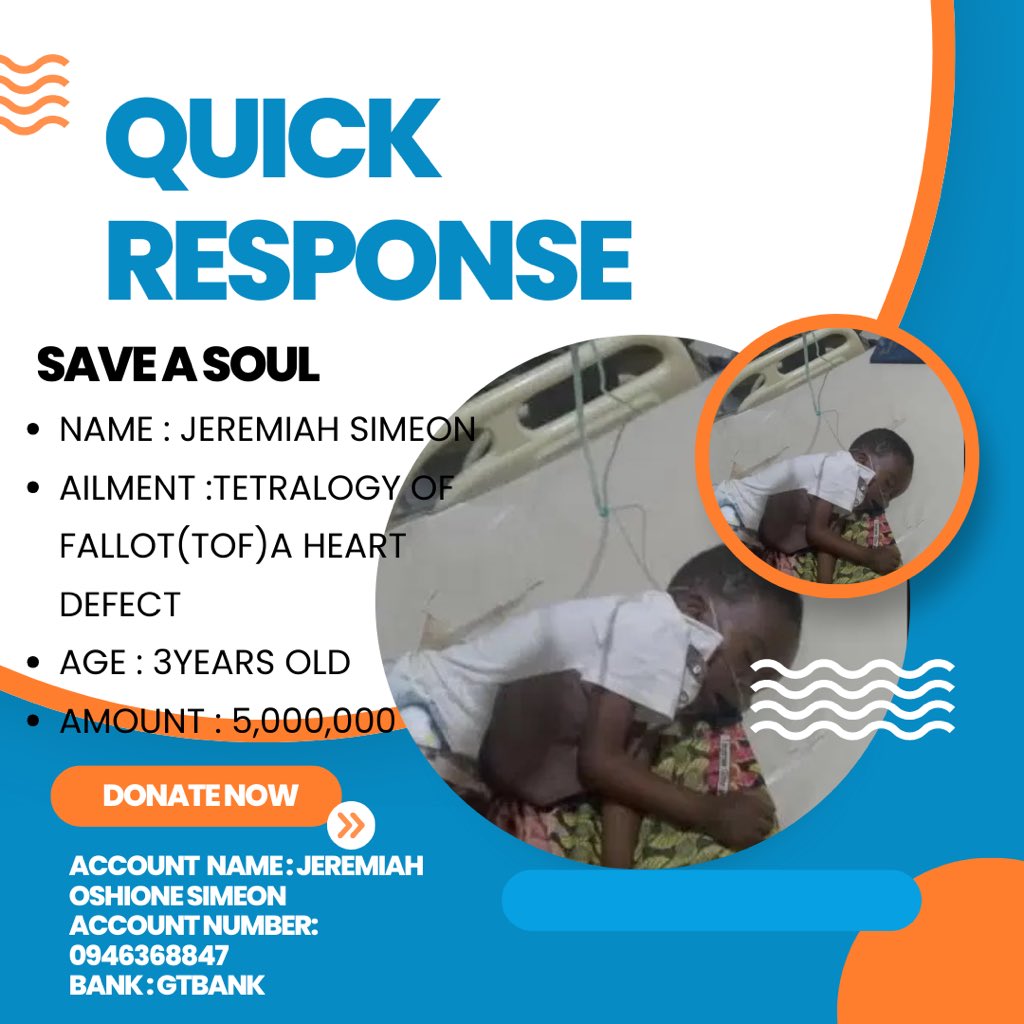 gifting_network's tweet photo. “🚨 Urgent Help Needed 🚨 A brave mother is seeking support for her 3-year-old son, Jeremiah Simeon, who has been diagnosed with Tetralogy of Fallot (TOF), a serious heart defect. We are aiming to raise 5 million naira for his treatment. Every little bit counts! https://t.co/inM3NKkPtu