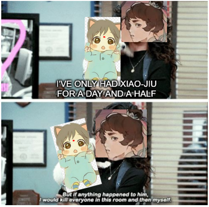 One day I need to write an au where sqq de-ages to a baby and sqh is the only one around and when he soothes the crying sqq and tries to make him stop by bouncing him &amp; wiggling a sword tassel to distract him, bby sqq smiles so happily and giggles so cutely that sqh is like: