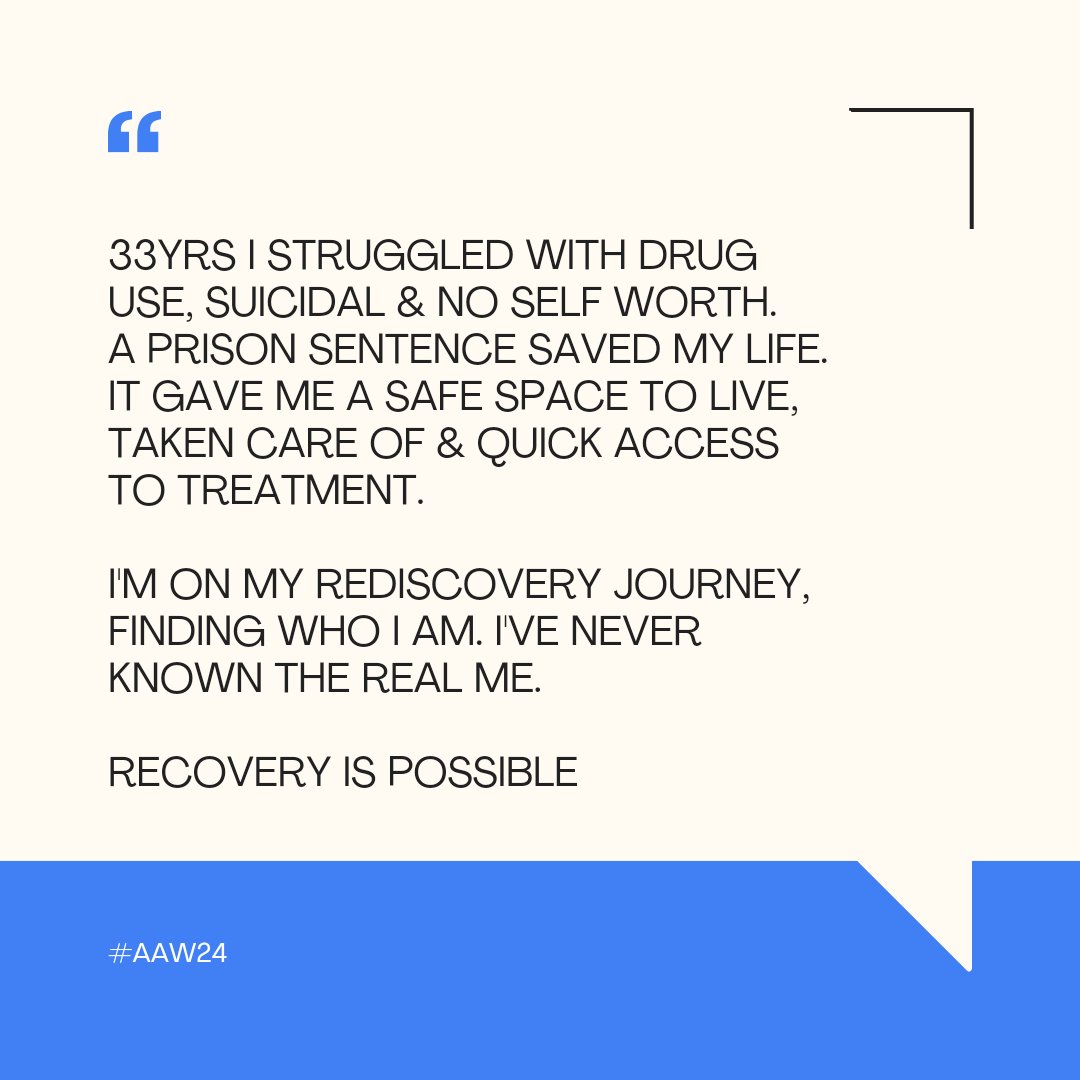 Addiction affects everybody. The stigma within society often makes ppl think that if a person has used substances a long time they will never recover &amp; death is inevitable. Recovery is possible at any stage #AAW24