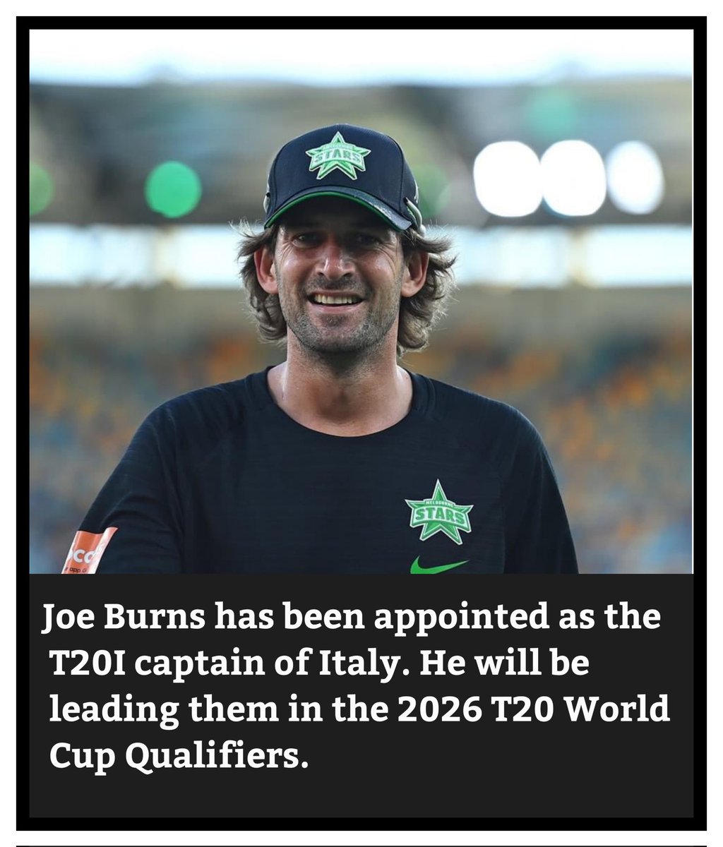 RaviBeniwal04's tweet image. Joe Burns takes charge! 🇮🇹

The former Australian opener has been appointed as Italy's T20I captain and will lead them in the 2026 T20 World Cup Qualifiers. Best of luck, skipper! 🏏🔥

#JoeBurns #ItalyCricket #T20WorldCupQualifiers

#Bitcoin #Pushpa2