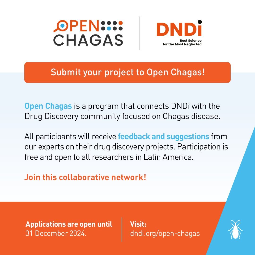 Applications closing soon!🔬Researchers from all over Latin America who are working with new chemical entities, repurposed drugs, natural products and innovative combinations can register to receive feedback from experts. #Chagas
👉More info and register: dndi.org/open-chagas/
