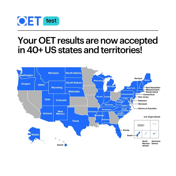 OETOfficial's tweet photo. Exciting update 📣 your OET Test results are now accepted for #nursing license applications in 40+ US states and territories! 🇺🇸

Learn more at https://t.co/4ieR5cJsA0

#OET #OETTest #OETPreparation #OETTips #EnglishLanguageTest https://t.co/jwLpV4Xm0G
